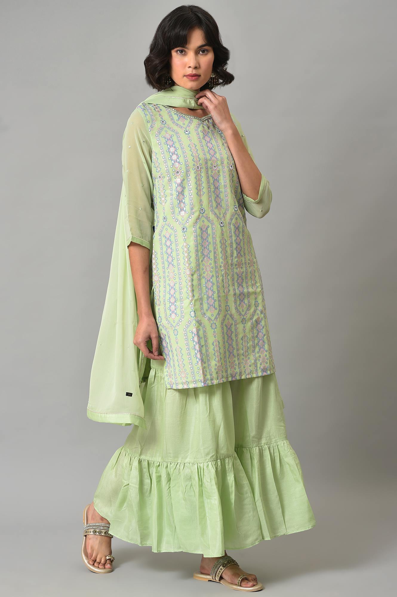 Green Printed kurta, Sharara And Dupatta Set