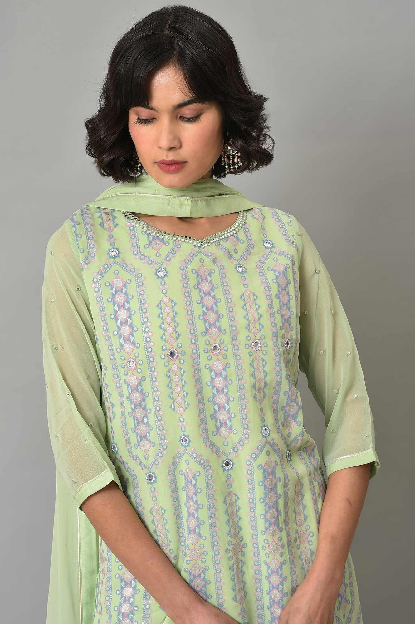 Green Printed kurta, Sharara And Dupatta Set