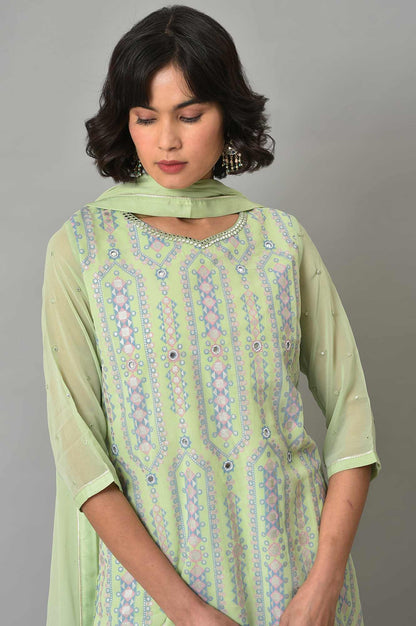 Green Printed kurta, Sharara And Dupatta Set