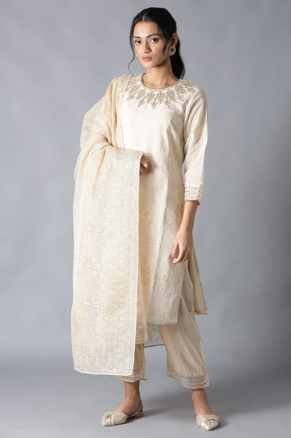 Ecru And Beige Heavy Festive kurta With Parallel Pants And Dupatta