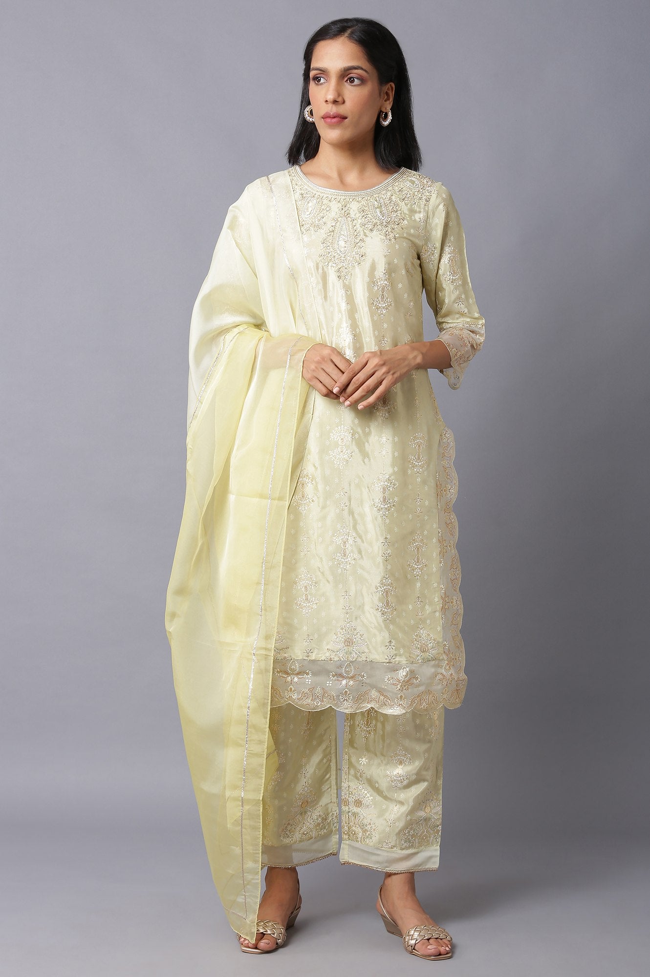 Lime Green Embroidered kurta With Parallel Pants And Dupatta