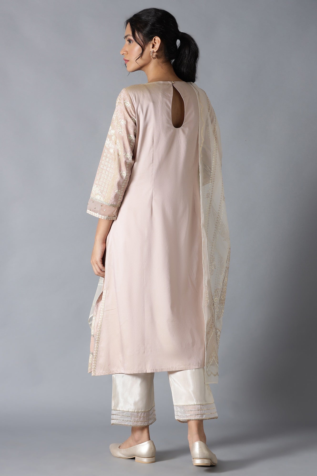 Pink A-Line Round Neck kurta With Parallel Pants And Organza Dupatta