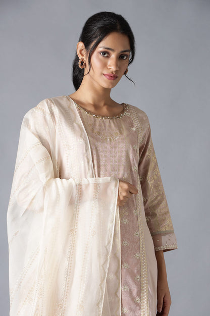 Pink A-Line Round Neck kurta With Parallel Pants And Organza Dupatta