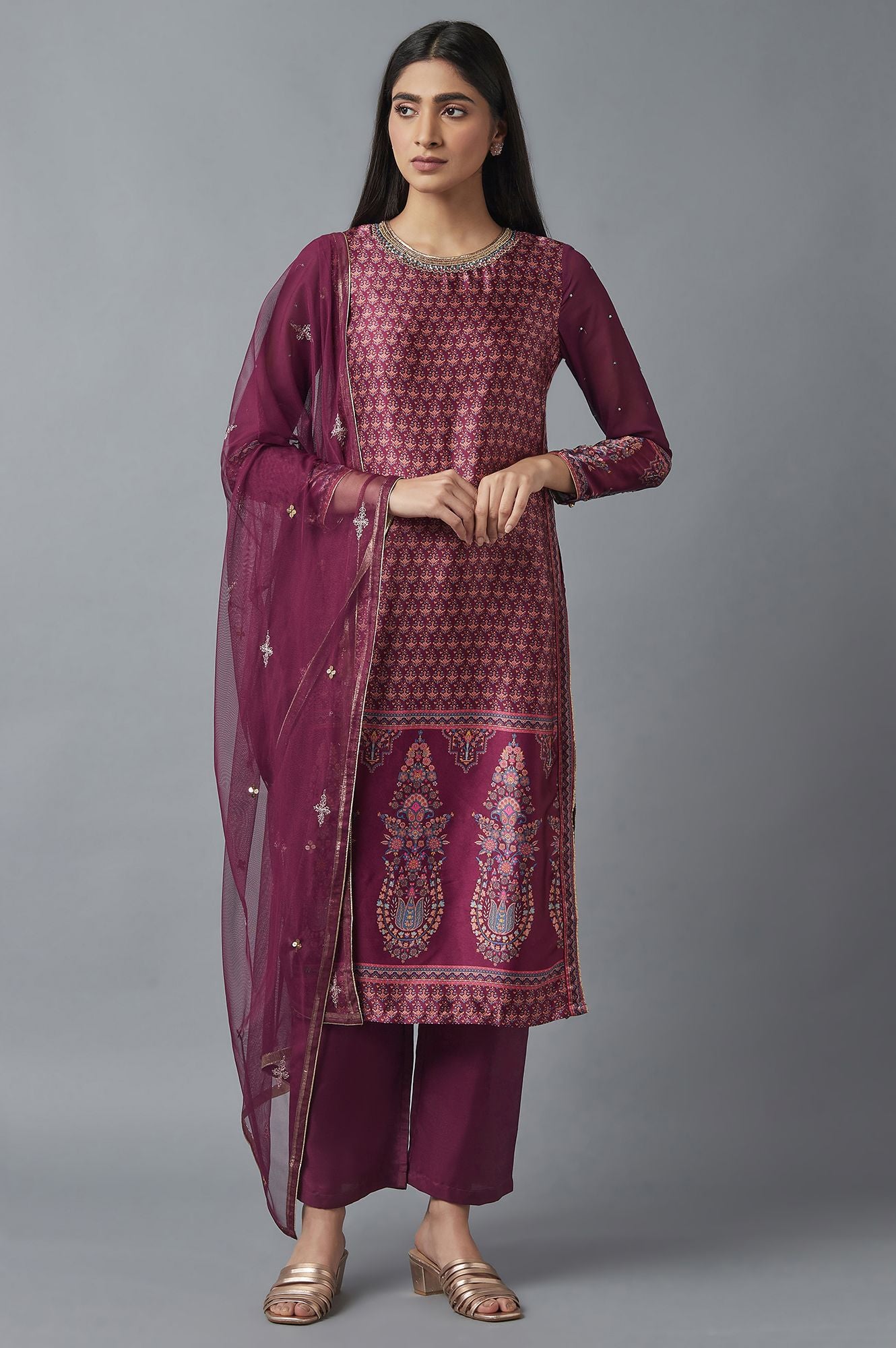 Purple Printed kurta, Parallel Pants and Dupatta Set