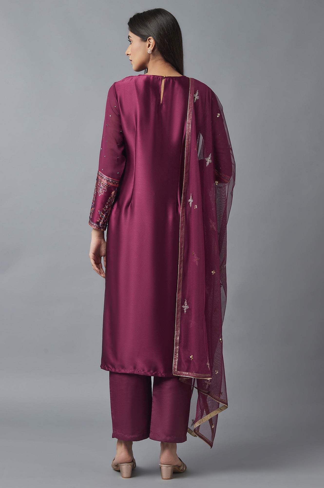 Purple Printed kurta, Parallel Pants and Dupatta Set