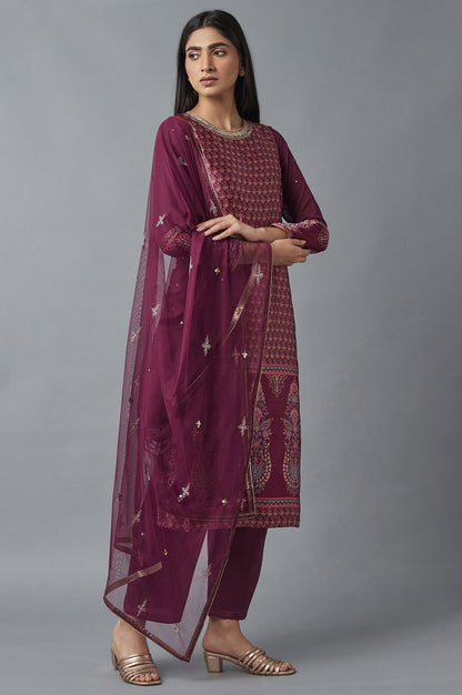 Purple Printed kurta, Parallel Pants and Dupatta Set