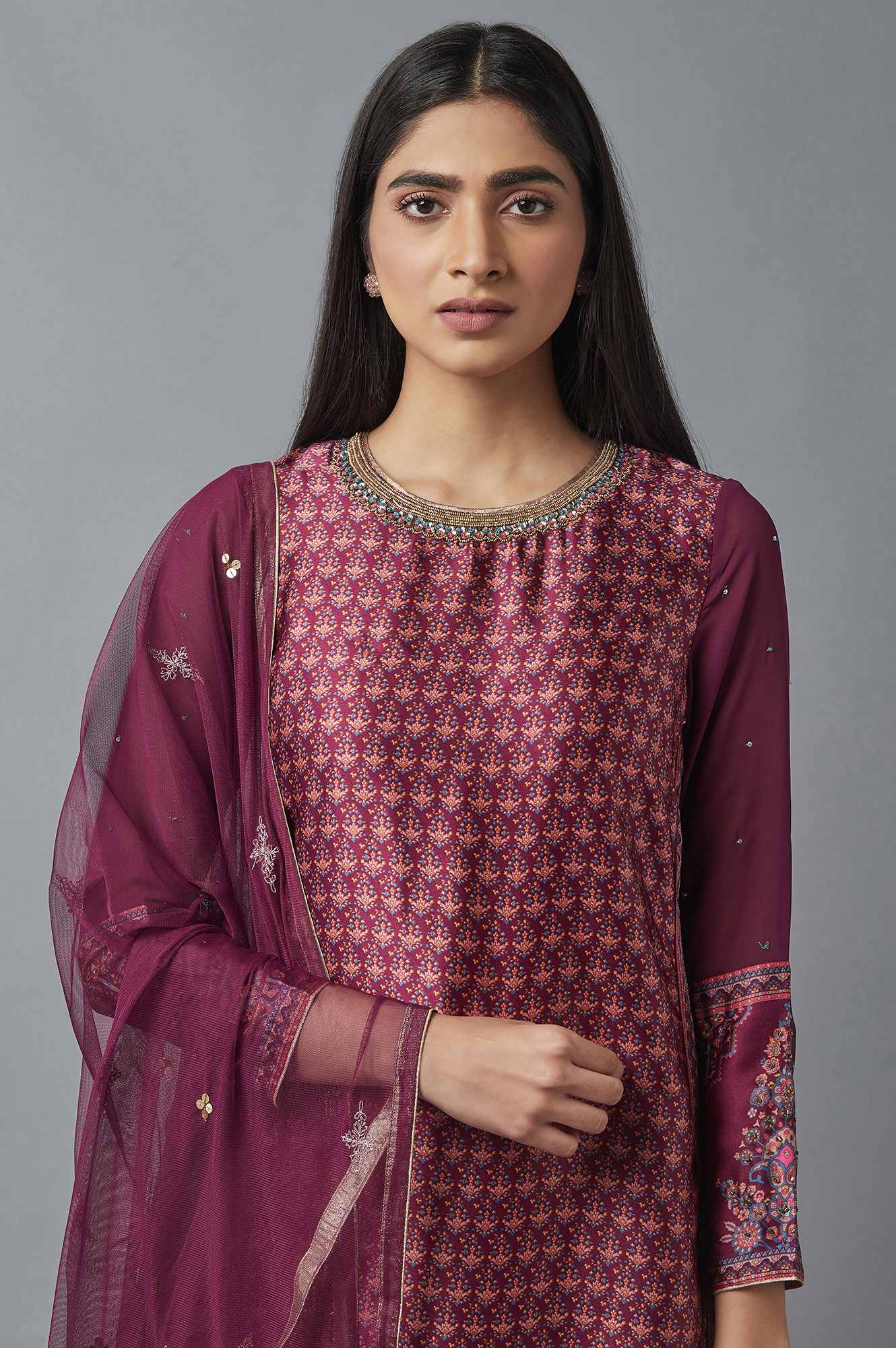 Purple Printed kurta, Parallel Pants and Dupatta Set