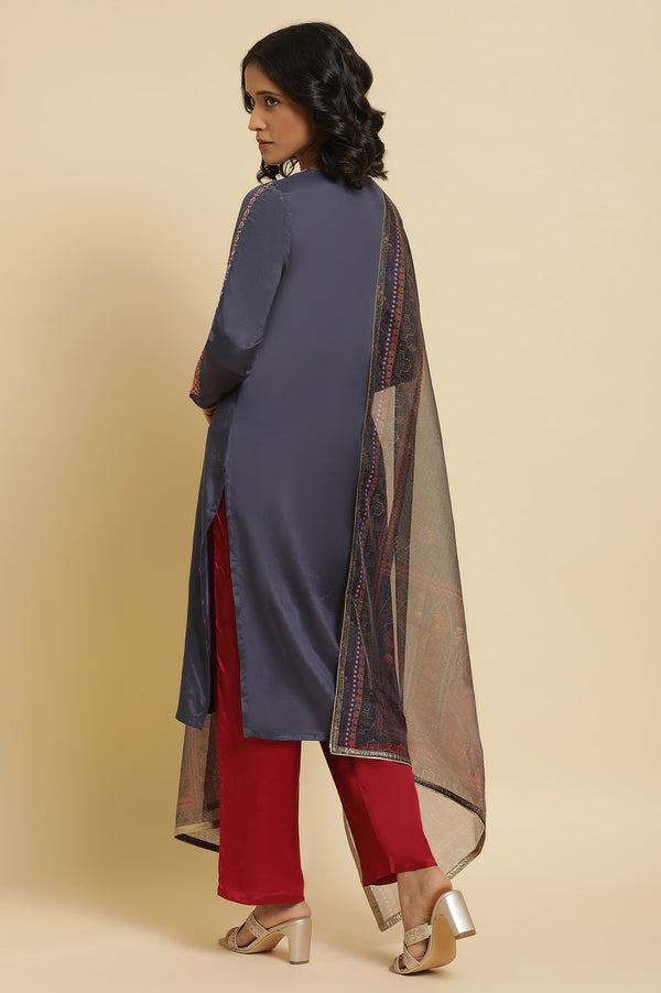 Blue Embroidered Kurta, Straight Pants & Dupatta Set