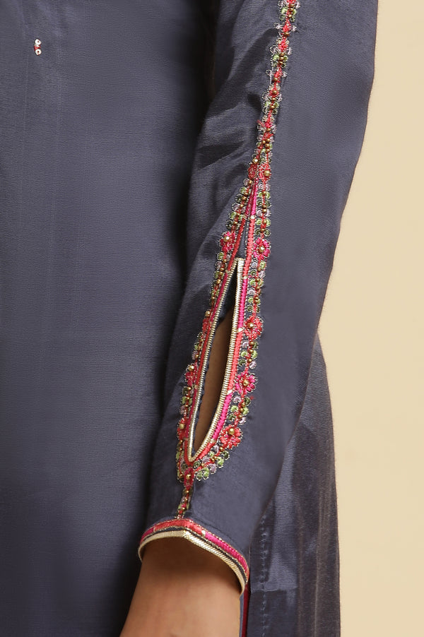 Blue Embroidered Kurta, Straight Pants & Dupatta Set