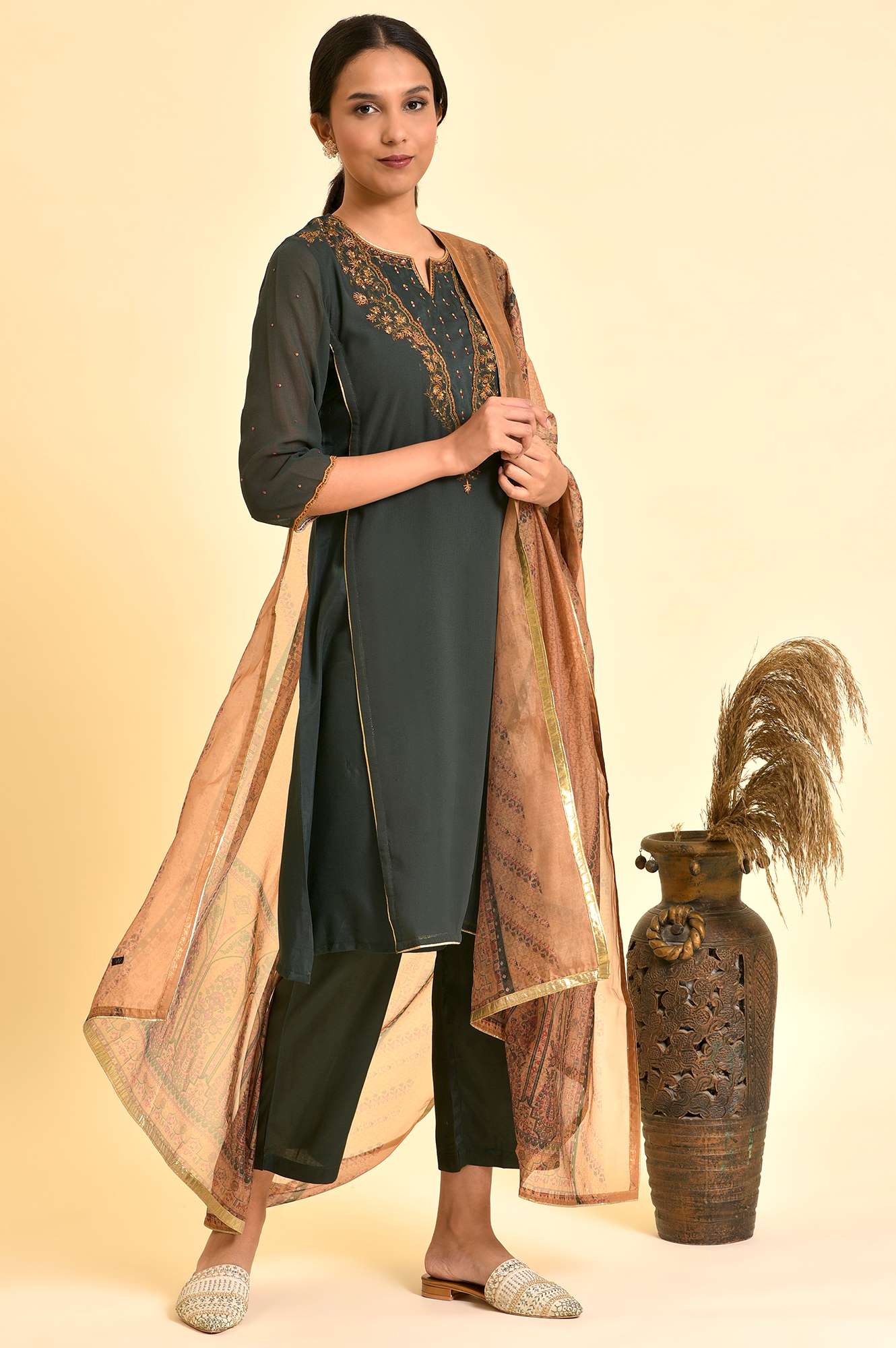 Bottle Green Mock Layer Kurta, Pants And Dupatta Set