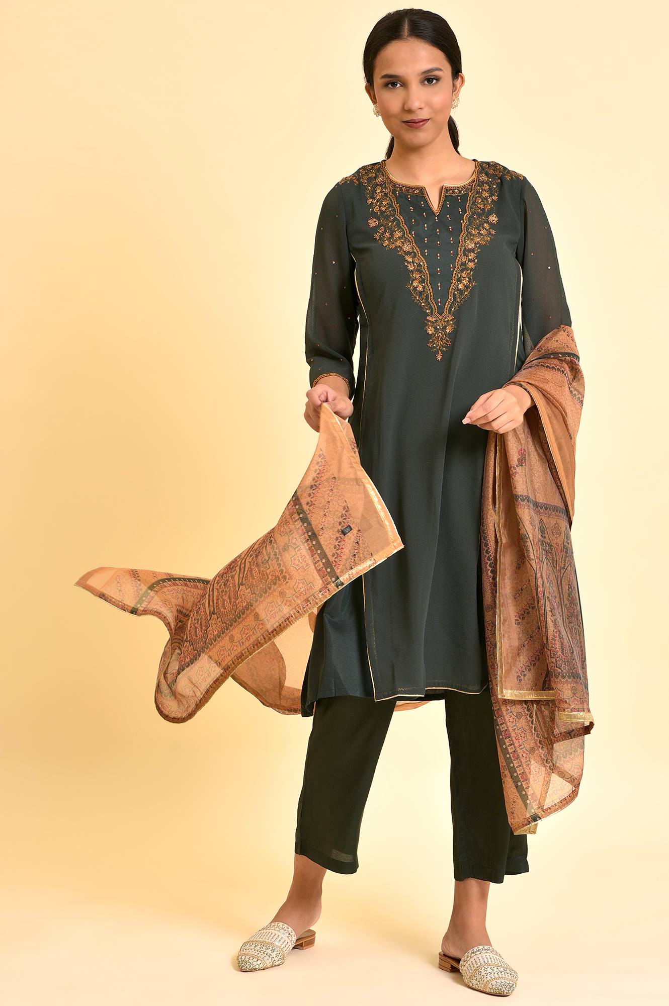 Bottle Green Mock Layer Kurta, Pants And Dupatta Set