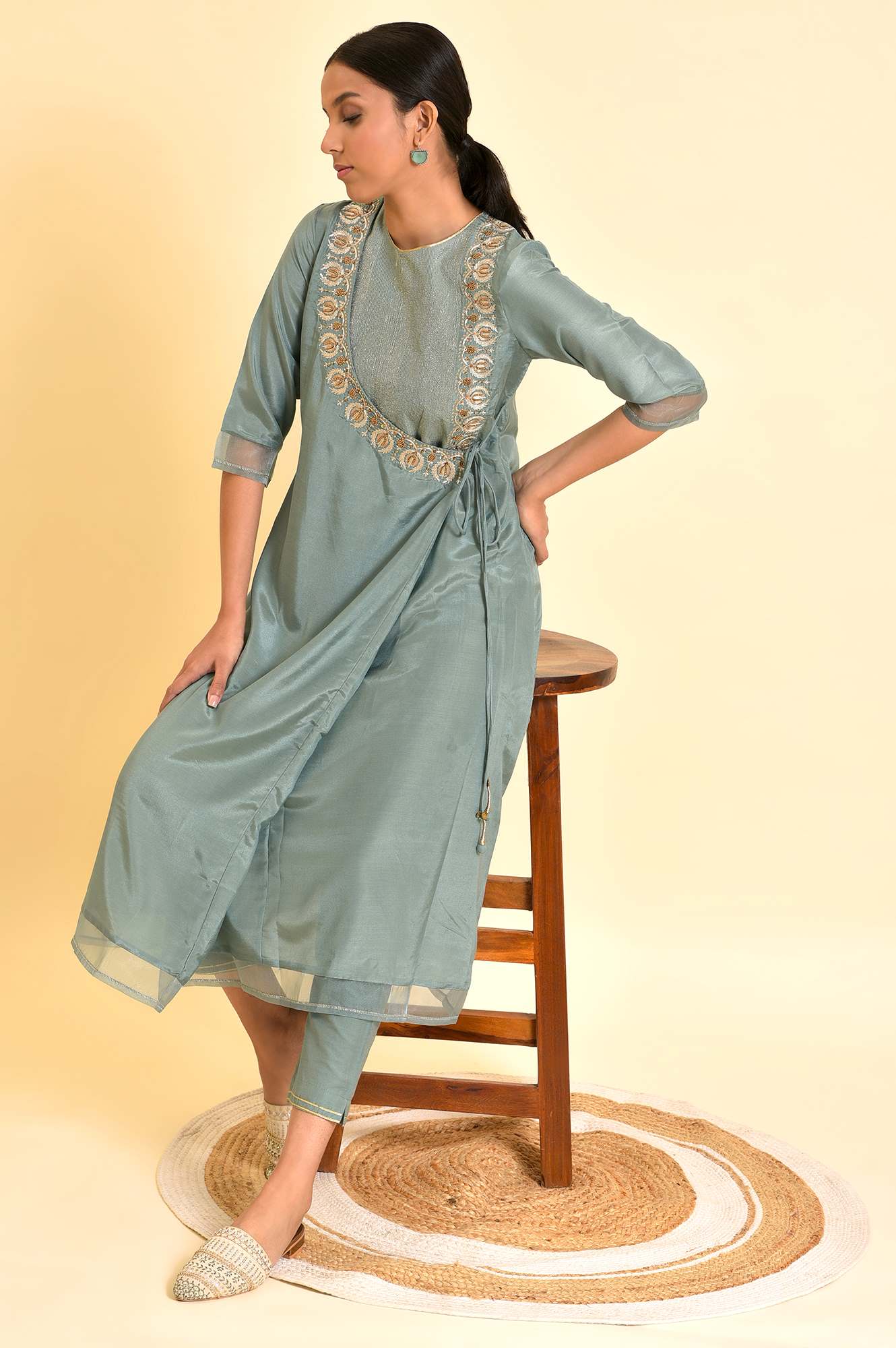 Sage Green Angrakha Kurta And Pants Set