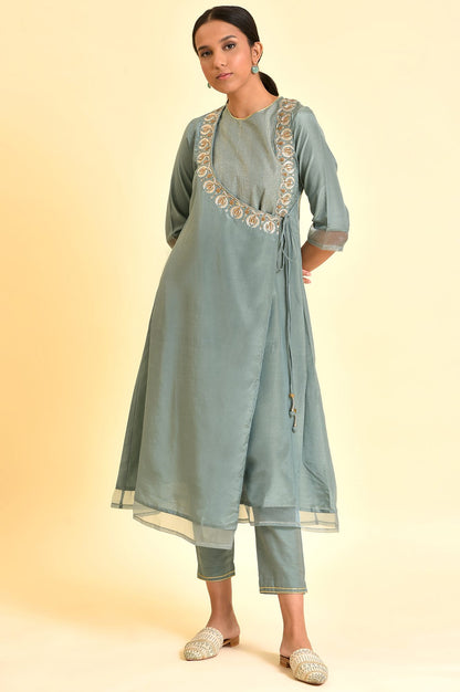 Sage Green Angrakha Kurta And Pants Set