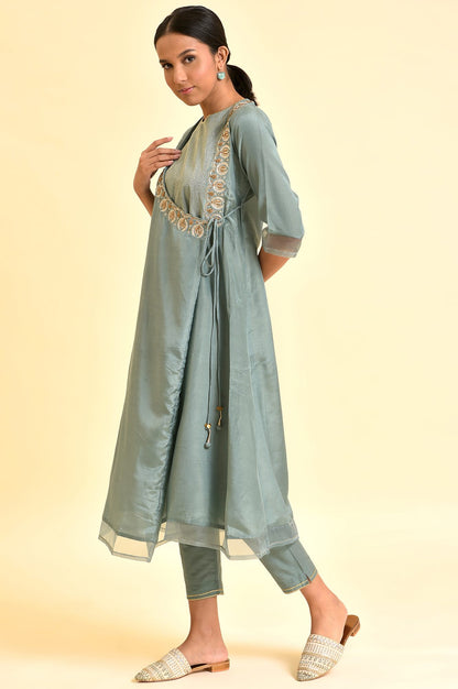 Sage Green Angrakha Kurta And Pants Set