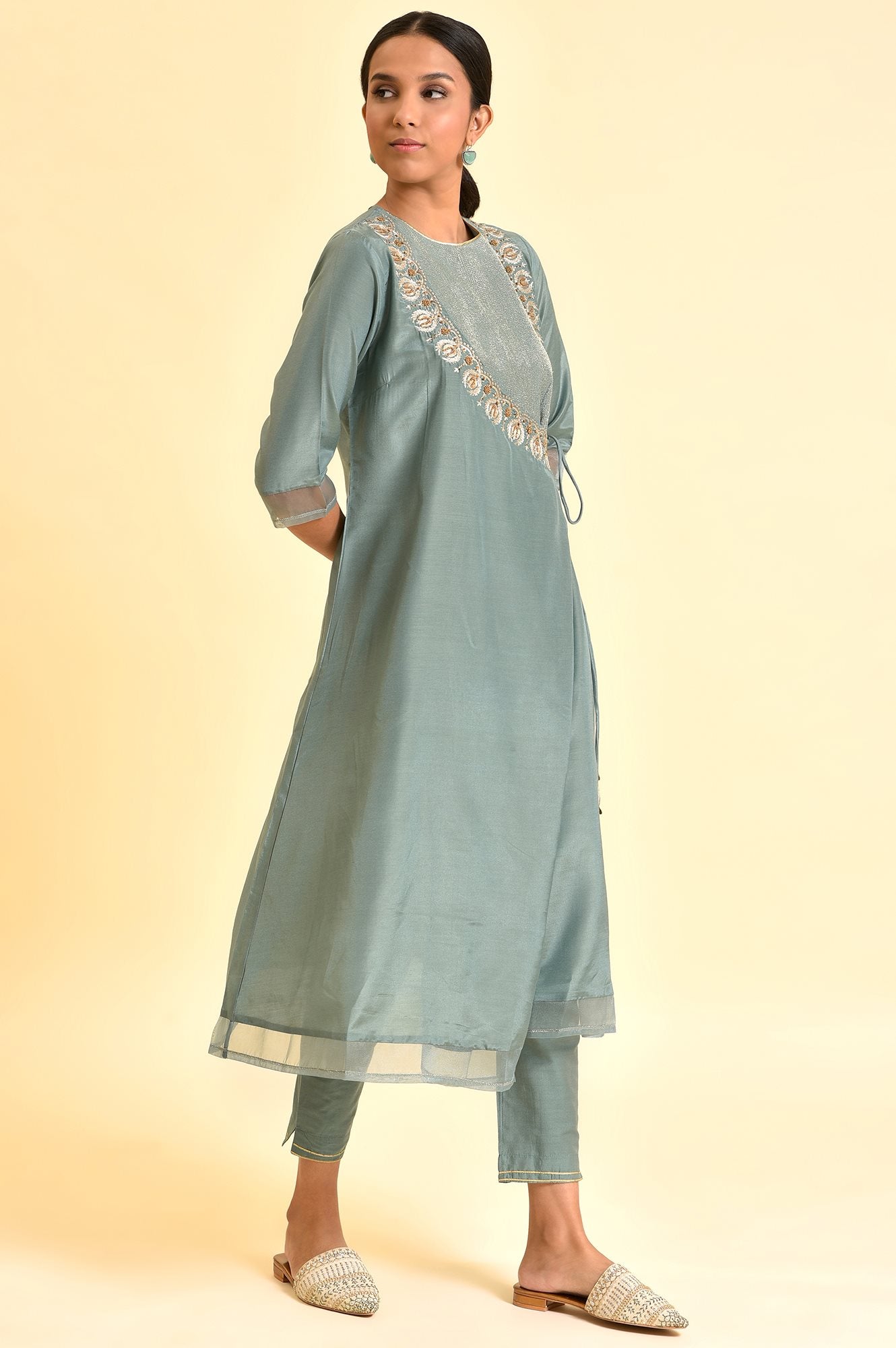 Sage Green Angrakha Kurta And Pants Set