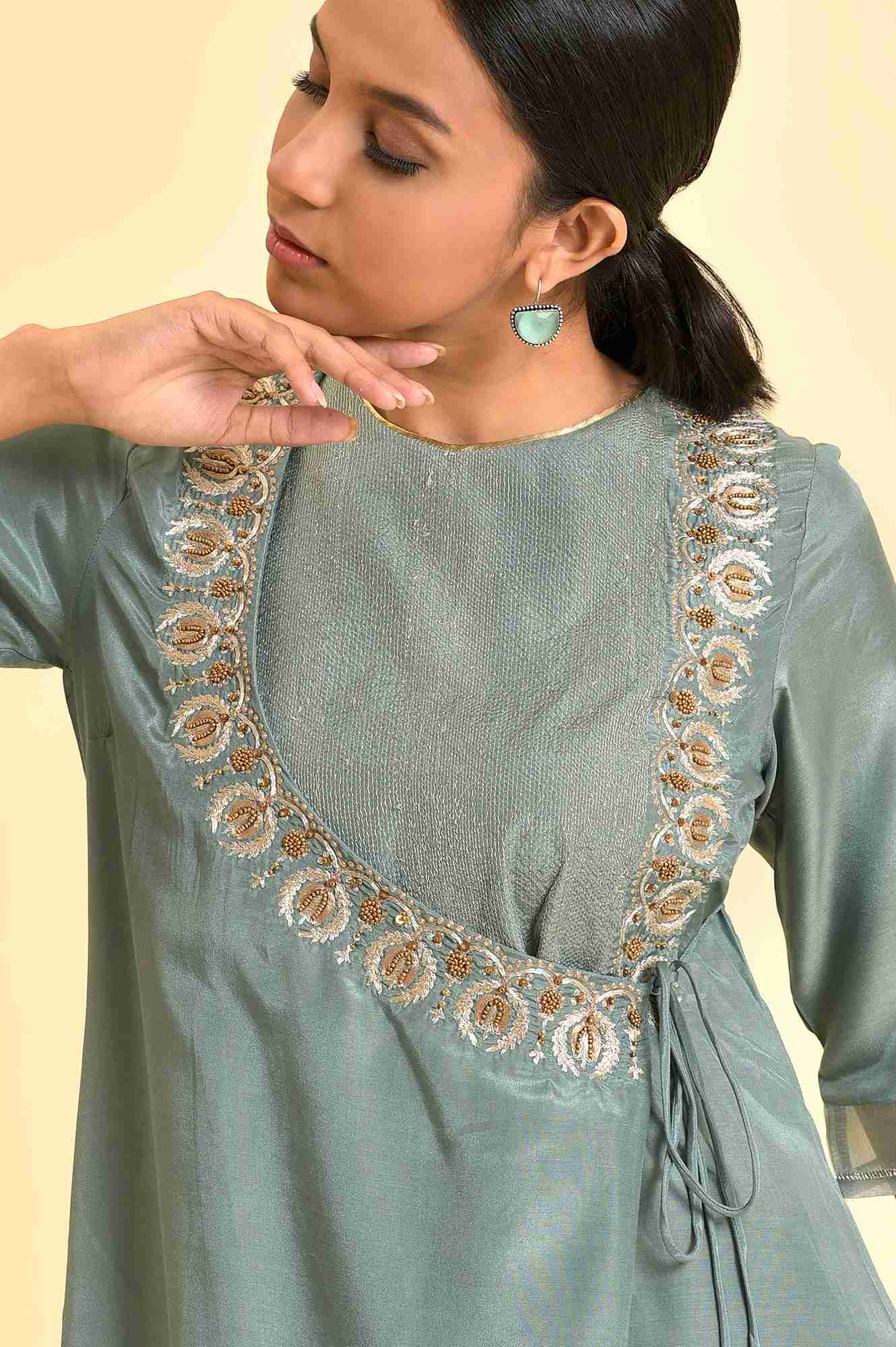 Sage Green Angrakha Kurta And Pants Set