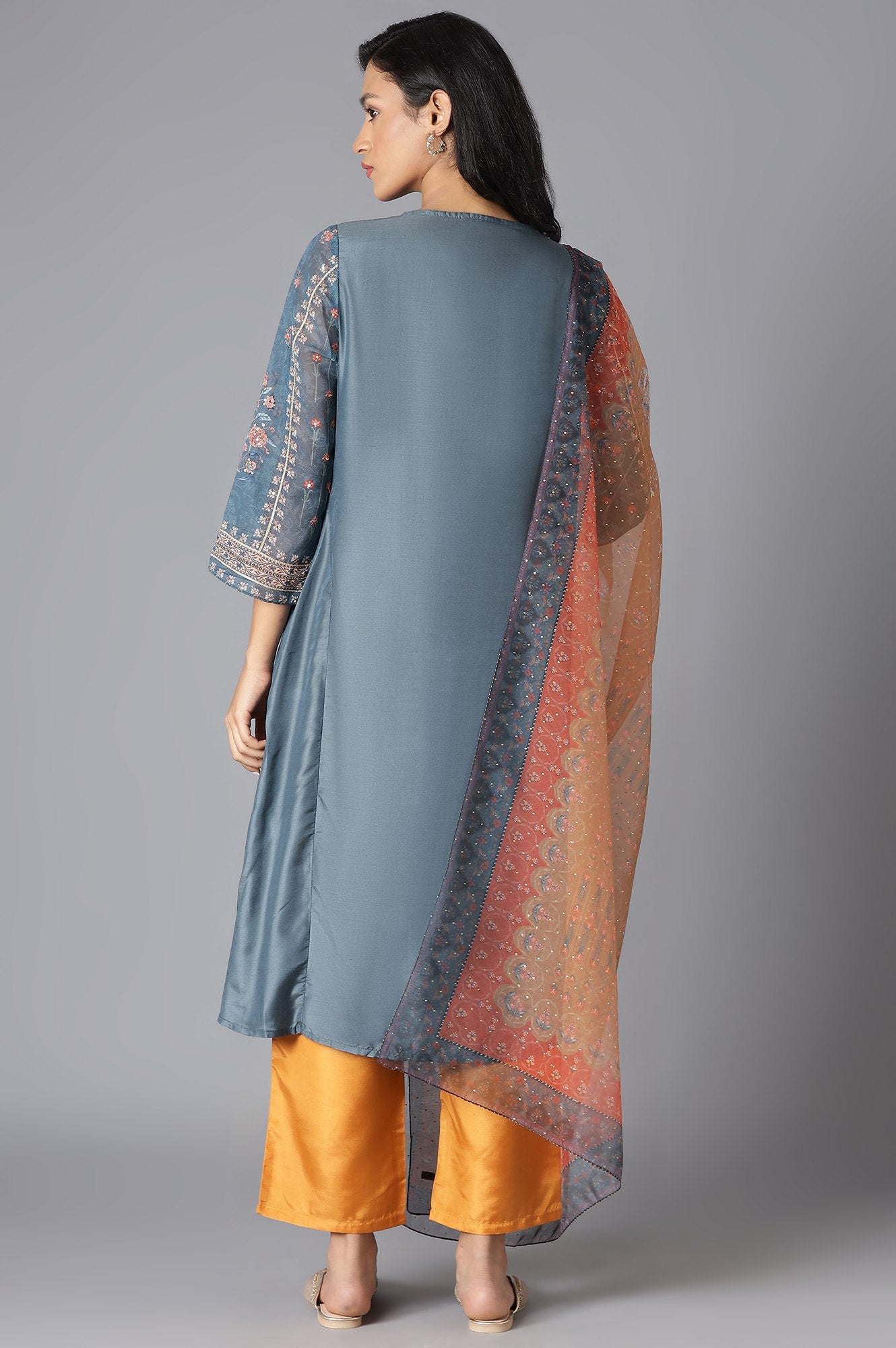 Teal Mock Layer kurta, Orange Parallel Pants And Dupatta Set