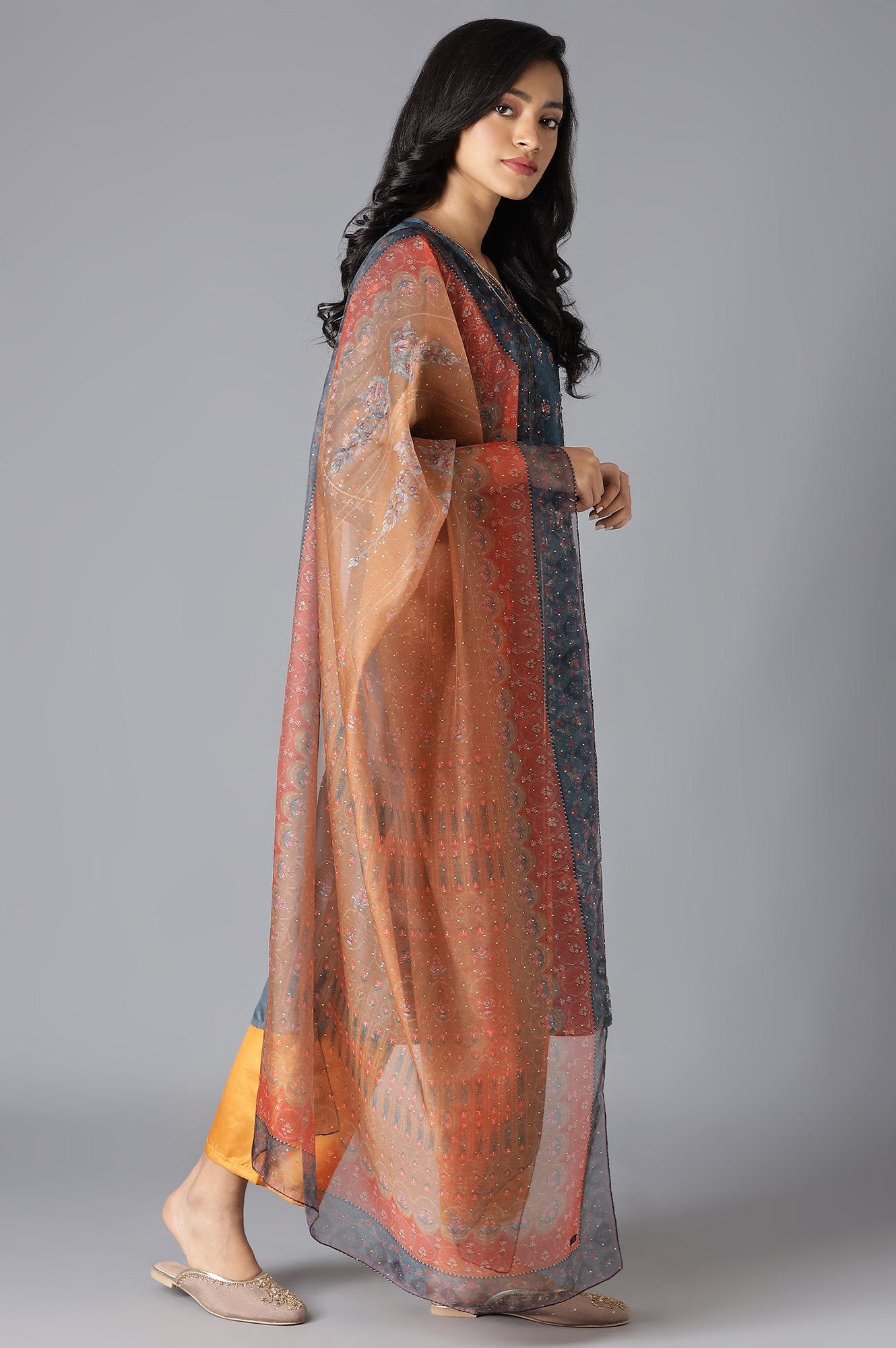 Teal Mock Layer kurta, Orange Parallel Pants And Dupatta Set