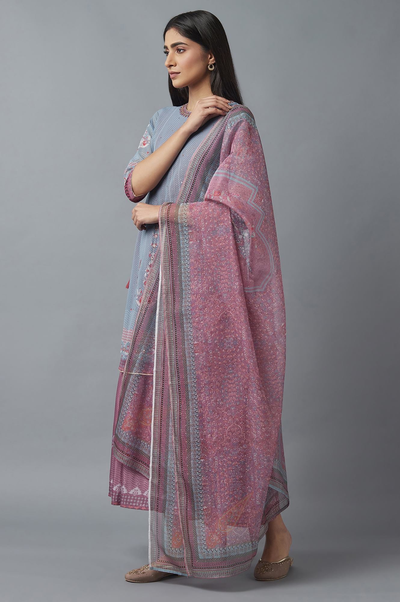 Grey Mock Layer Dress with Pink Organza Dupatta