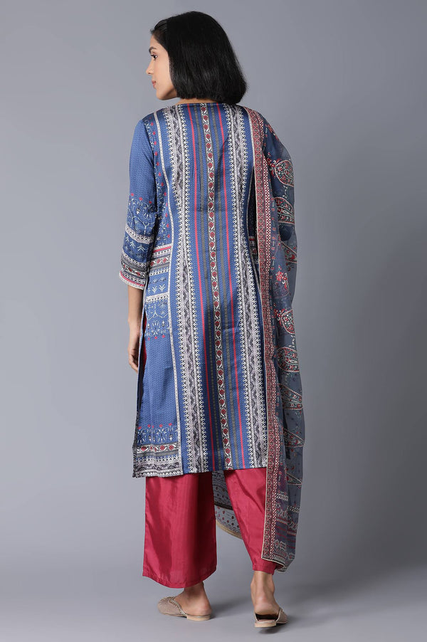 Blue Printed kurta, Parallel Pants and Dupatta Set