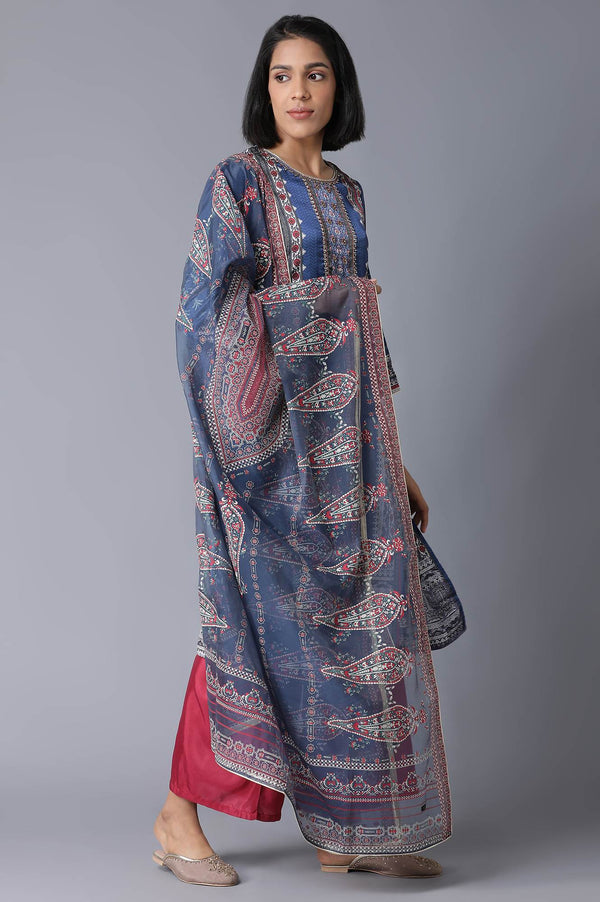 Blue Printed kurta, Parallel Pants and Dupatta Set
