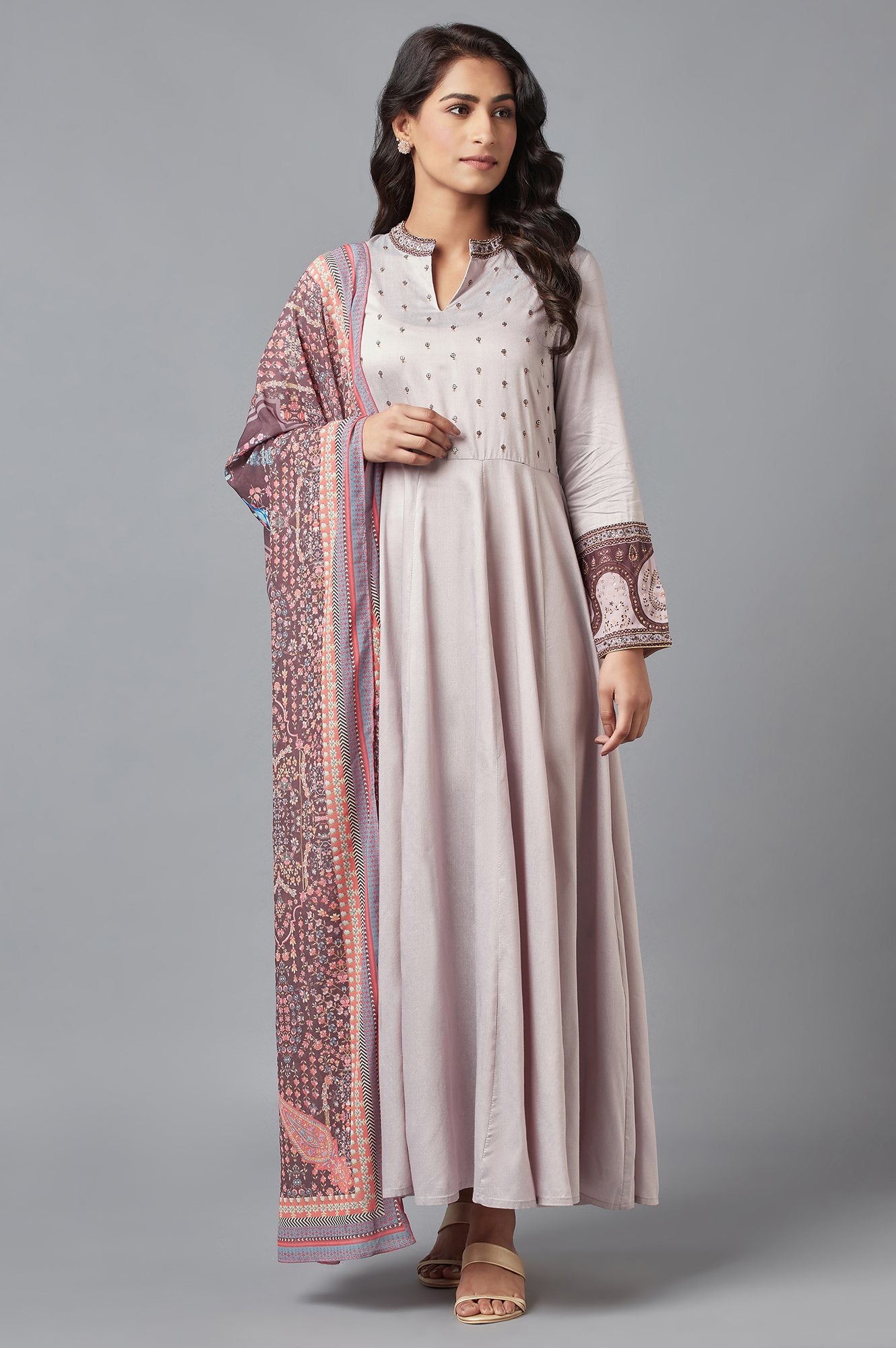 Purple Mughal Gown with Brown Printed Dupatta