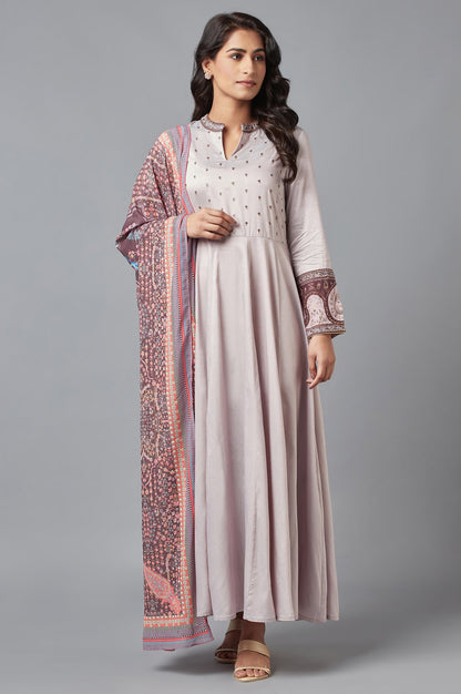 Purple Mughal Gown with Brown Printed Dupatta