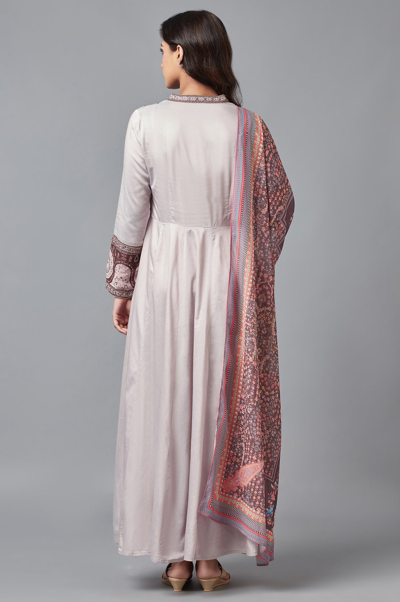 Purple Mughal Gown with Brown Printed Dupatta