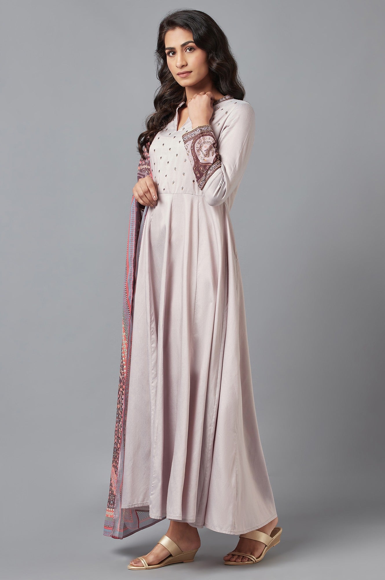 Purple Mughal Gown with Brown Printed Dupatta