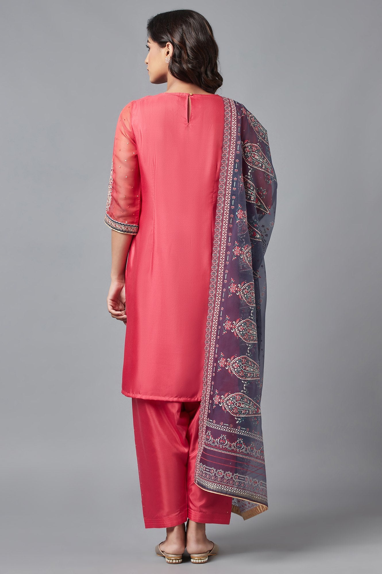 Coral Red A-line kurta, Salwar and Dupatta Set