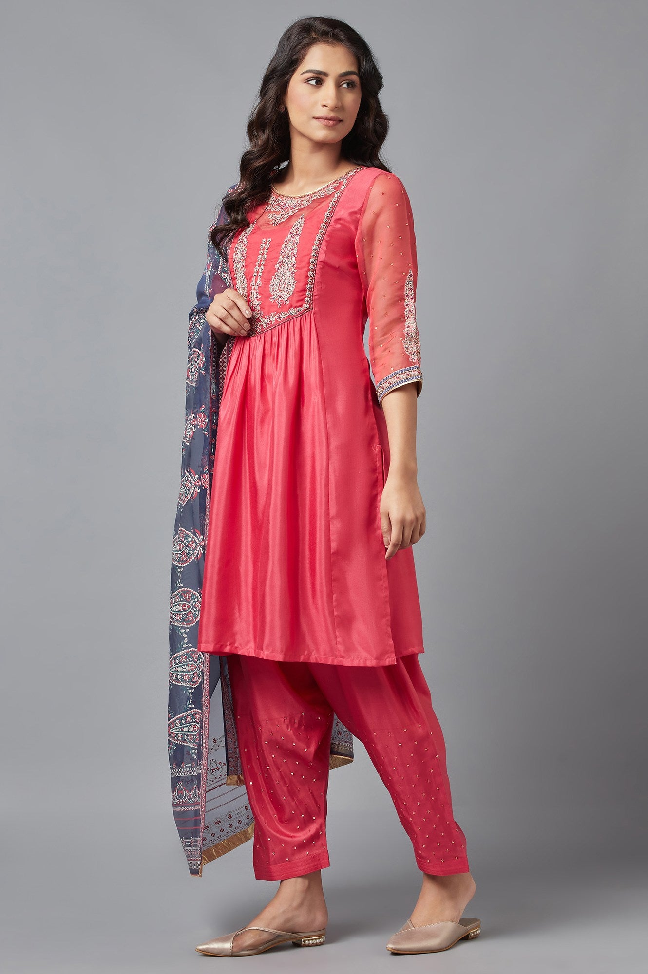 Coral Red A-line kurta, Salwar and Dupatta Set