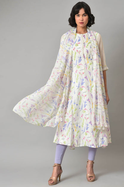 Ecru Printed Round Neck kurta With Tights And Dupatta