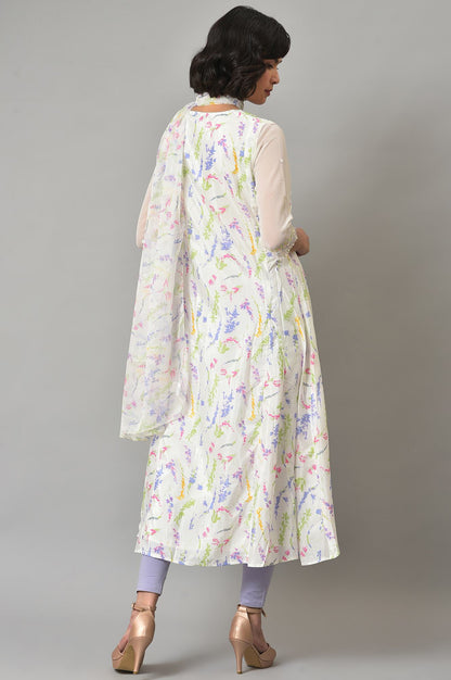 Ecru Printed Round Neck kurta With Tights And Dupatta