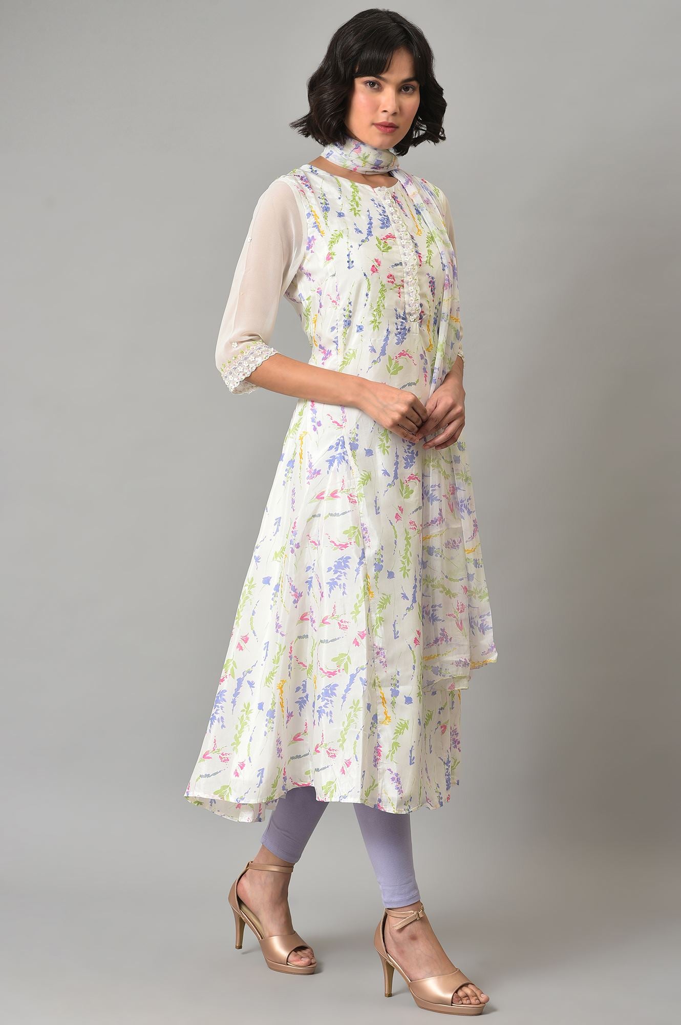 Ecru Printed Round Neck kurta With Tights And Dupatta