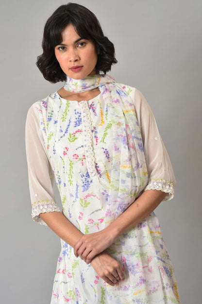 Ecru Printed Round Neck kurta With Tights And Dupatta