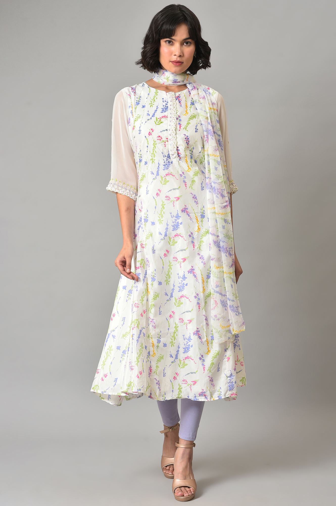 Ecru Printed Round Neck kurta With Tights And Dupatta