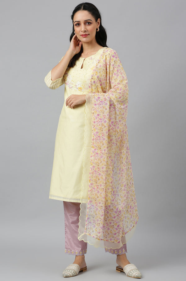 Lemon Yellow Embroidered Chanderi kurta With Slim Pants And Dupatta