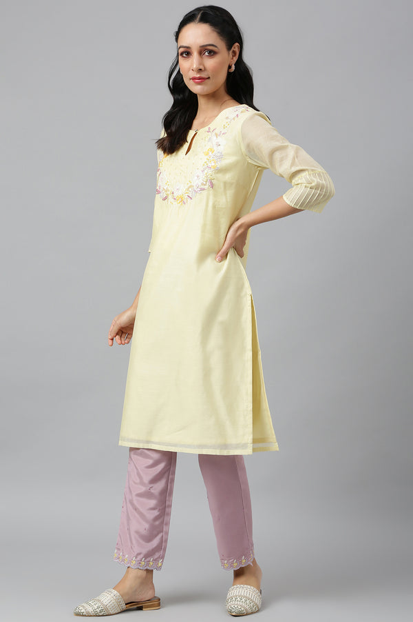 Lemon Yellow Embroidered Chanderi kurta With Slim Pants And Dupatta