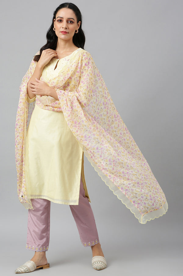 Lemon Yellow Embroidered Chanderi kurta With Slim Pants And Dupatta