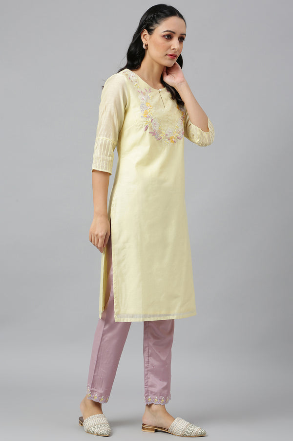 Lemon Yellow Embroidered Chanderi kurta With Slim Pants And Dupatta