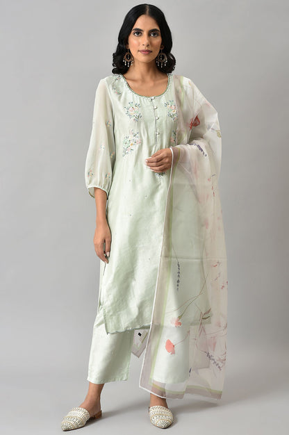 Light Green Embroidered Round Neck kurta With Slim Pants And Dupatta