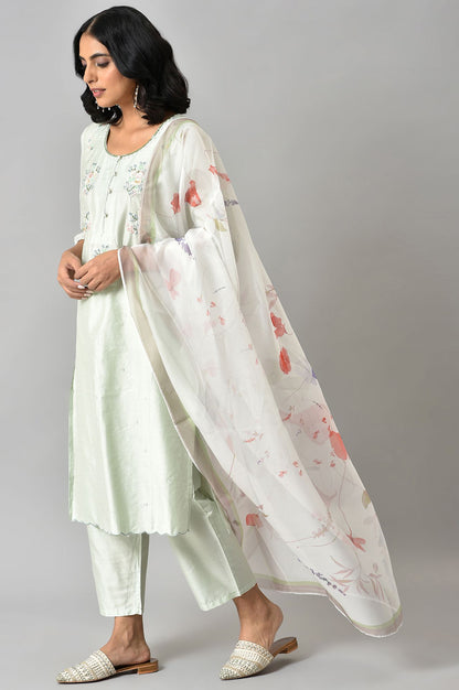 Light Green Embroidered Round Neck kurta With Slim Pants And Dupatta