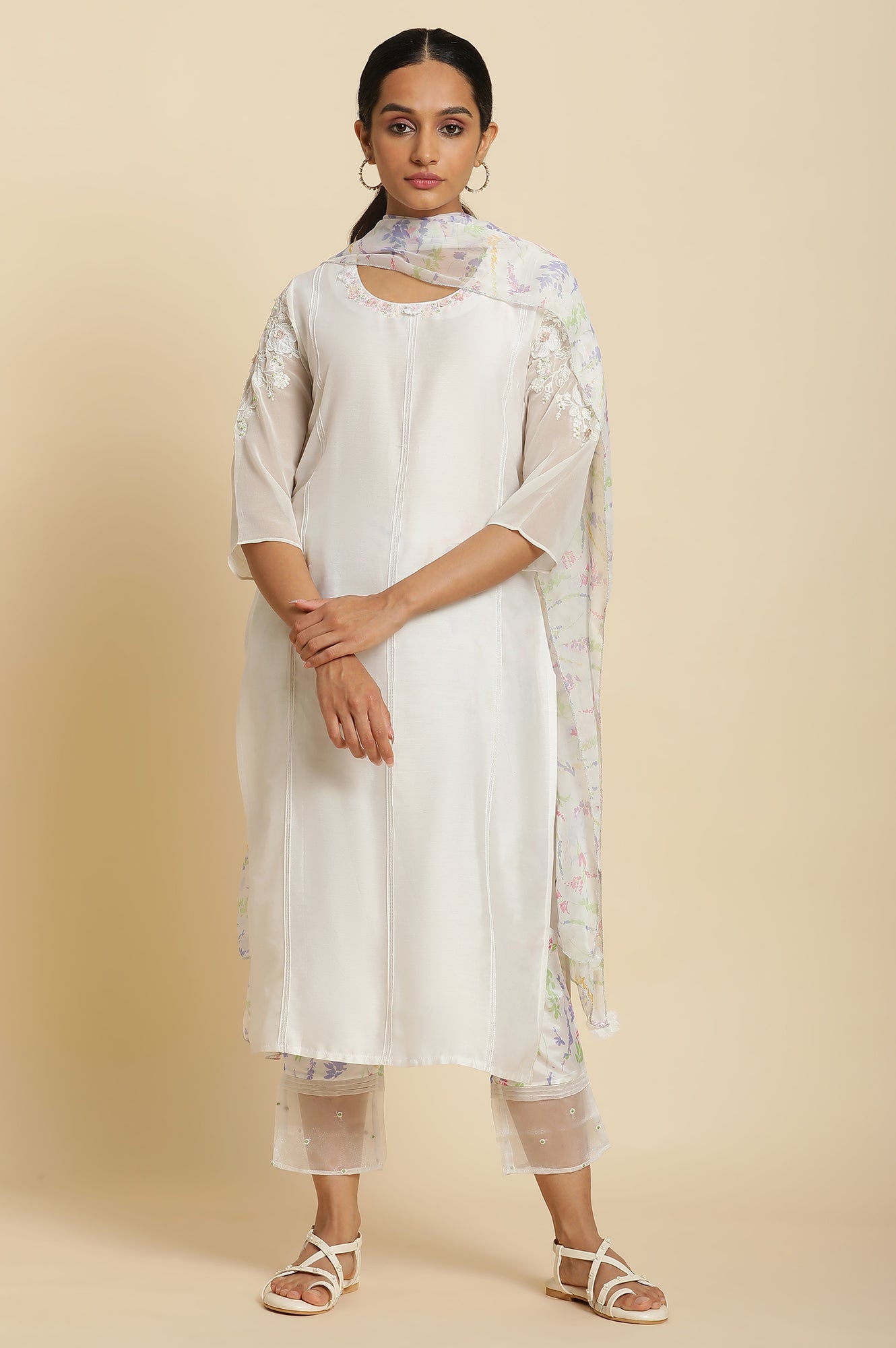 Ecru Embroidered kurta With Printed Slim Pants And Dupatta