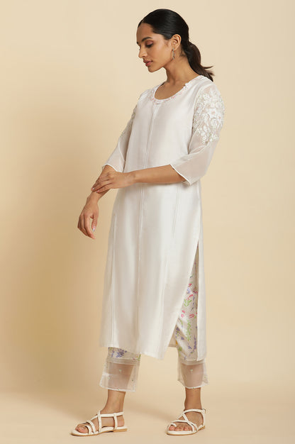 Ecru Embroidered kurta With Printed Slim Pants And Dupatta