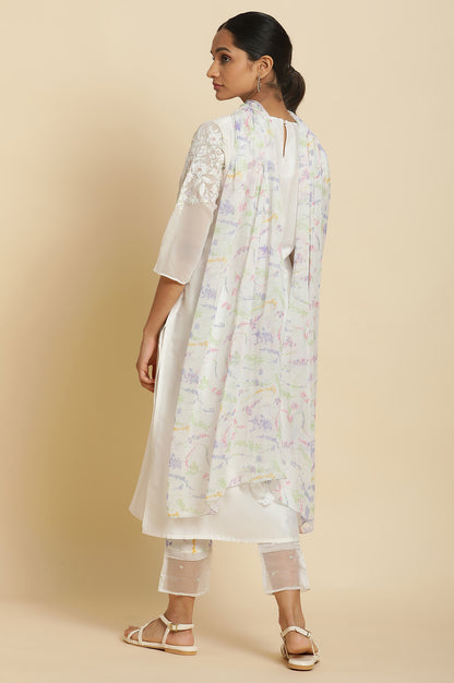 Ecru Embroidered kurta With Printed Slim Pants And Dupatta