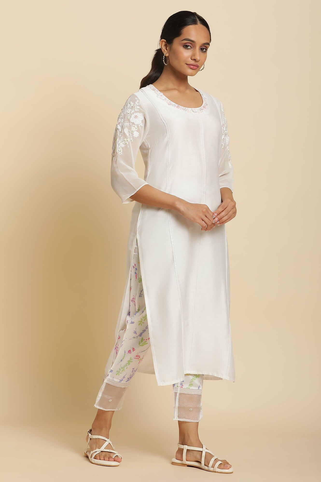 Ecru Embroidered kurta With Printed Slim Pants And Dupatta