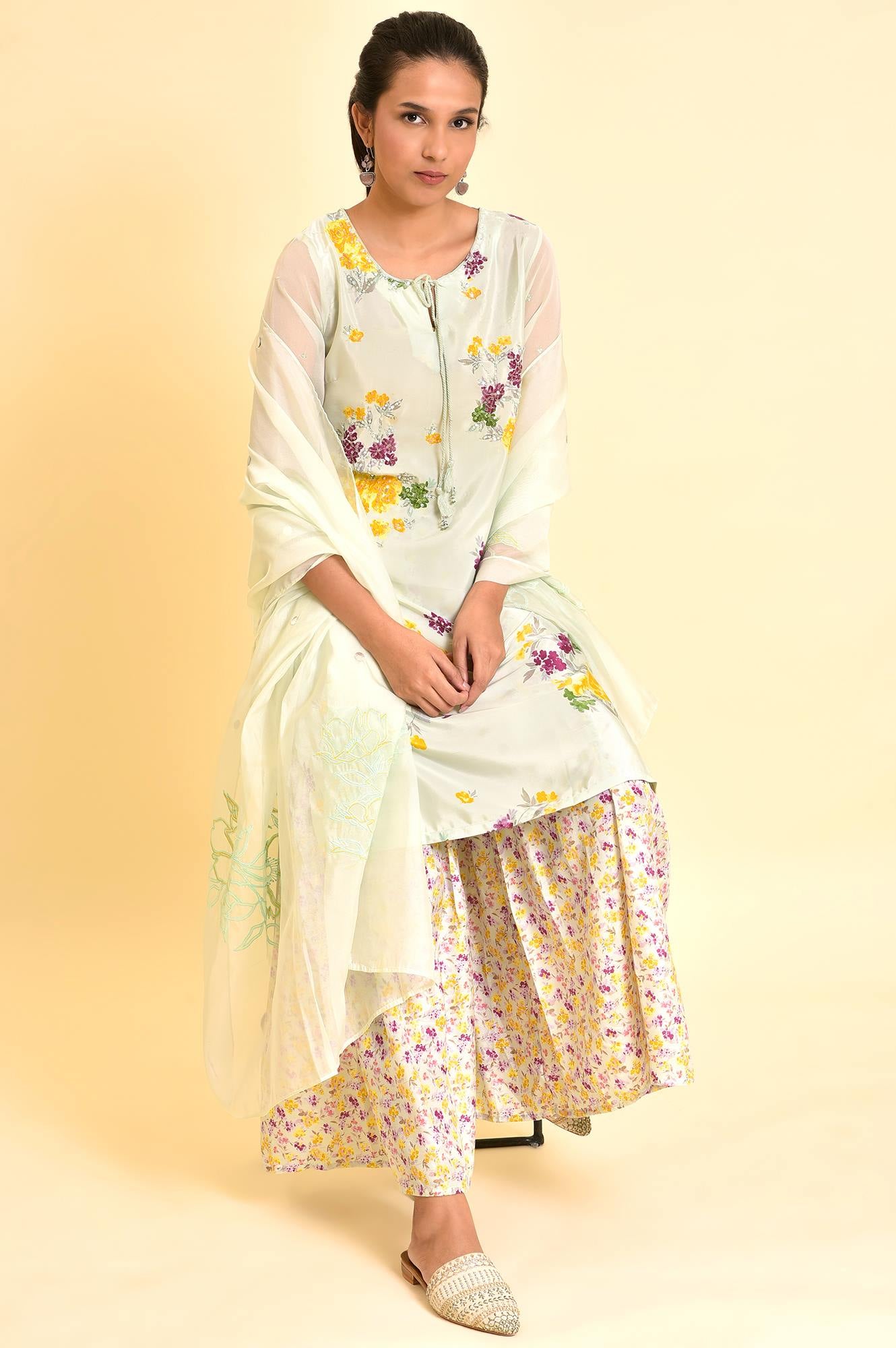 Green Printed kurta With Sharara And Dupatta