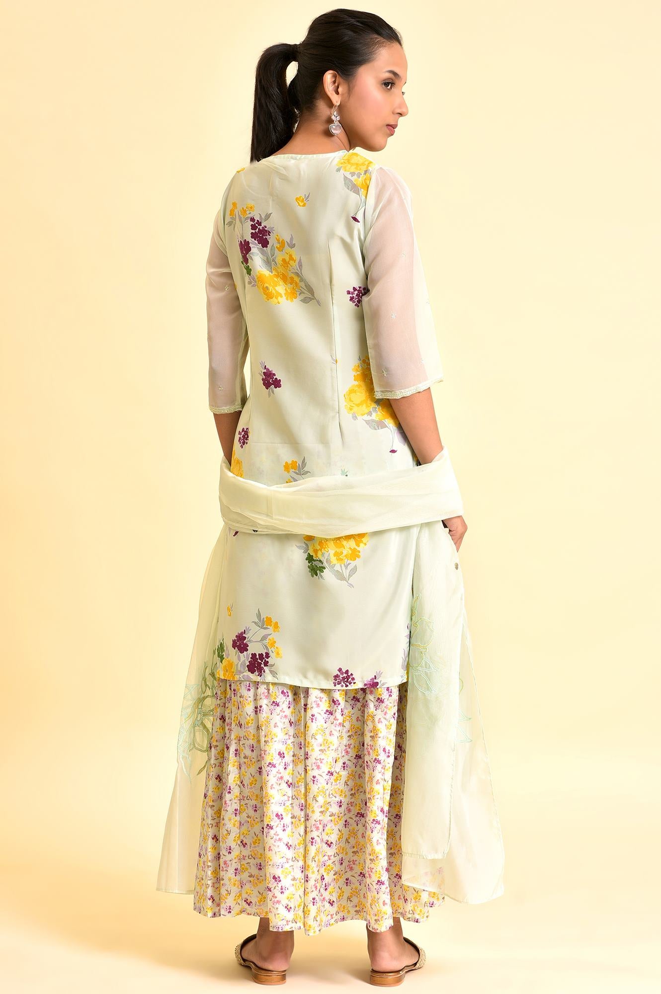 Green Printed kurta With Sharara And Dupatta