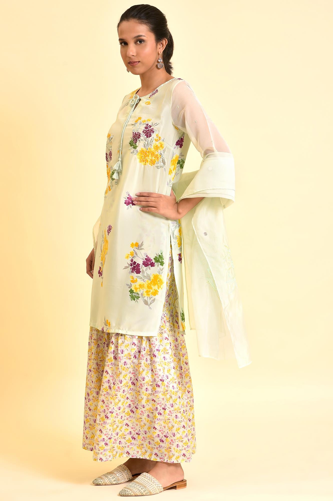 Green Printed kurta With Sharara And Dupatta