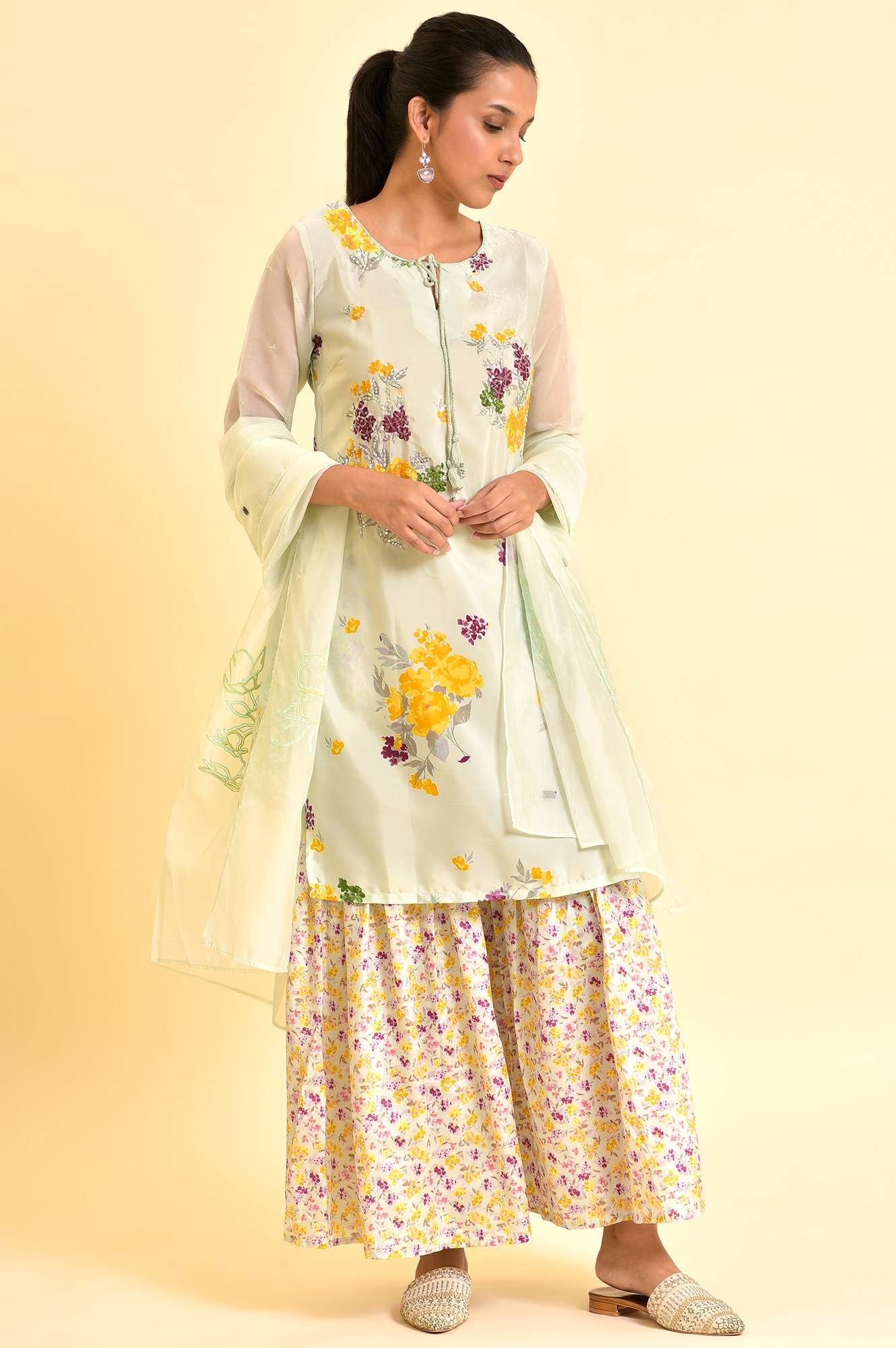 Green Printed kurta With Sharara And Dupatta